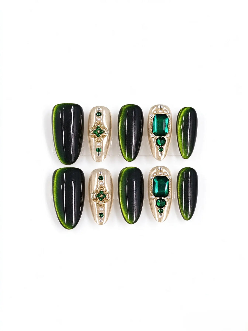 Emerald Cat Eye Ornate Gem Medium Tapered Coffin Nails