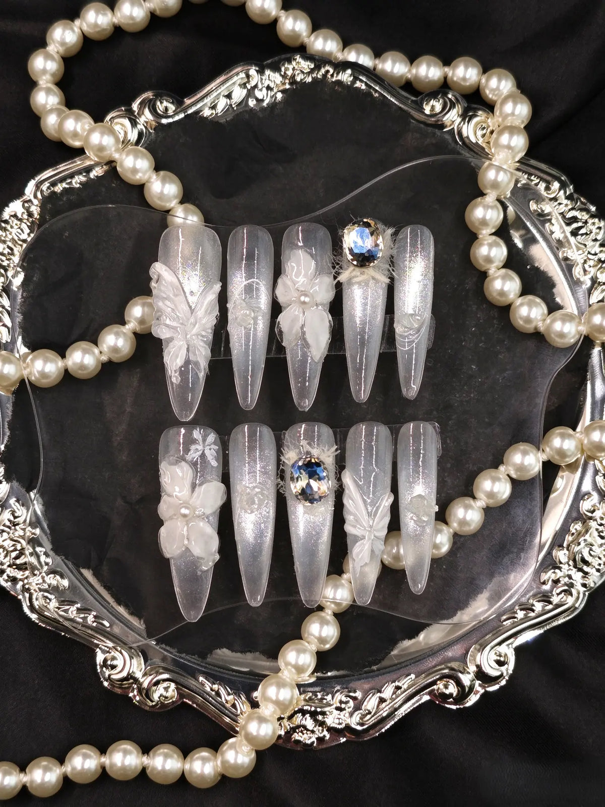 Luxury Handmade Bridal Press On Nails, 3D Butterfly & Crystal Long Coffin Nails