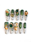Emerald Floral Long Coffin Press On Nails
