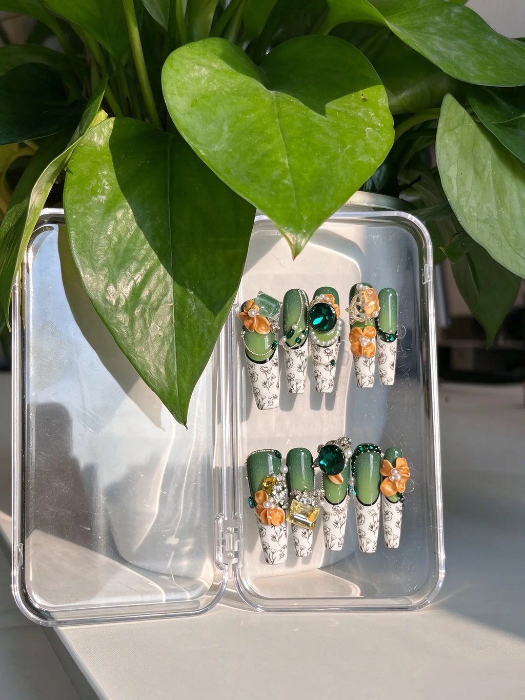 Emerald Floral Long Coffin Press On Nails