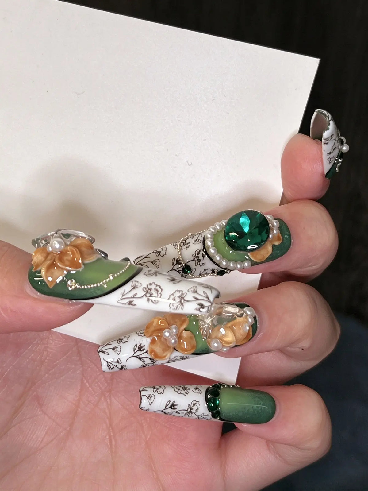 Emerald Floral Long Coffin Press On Nails