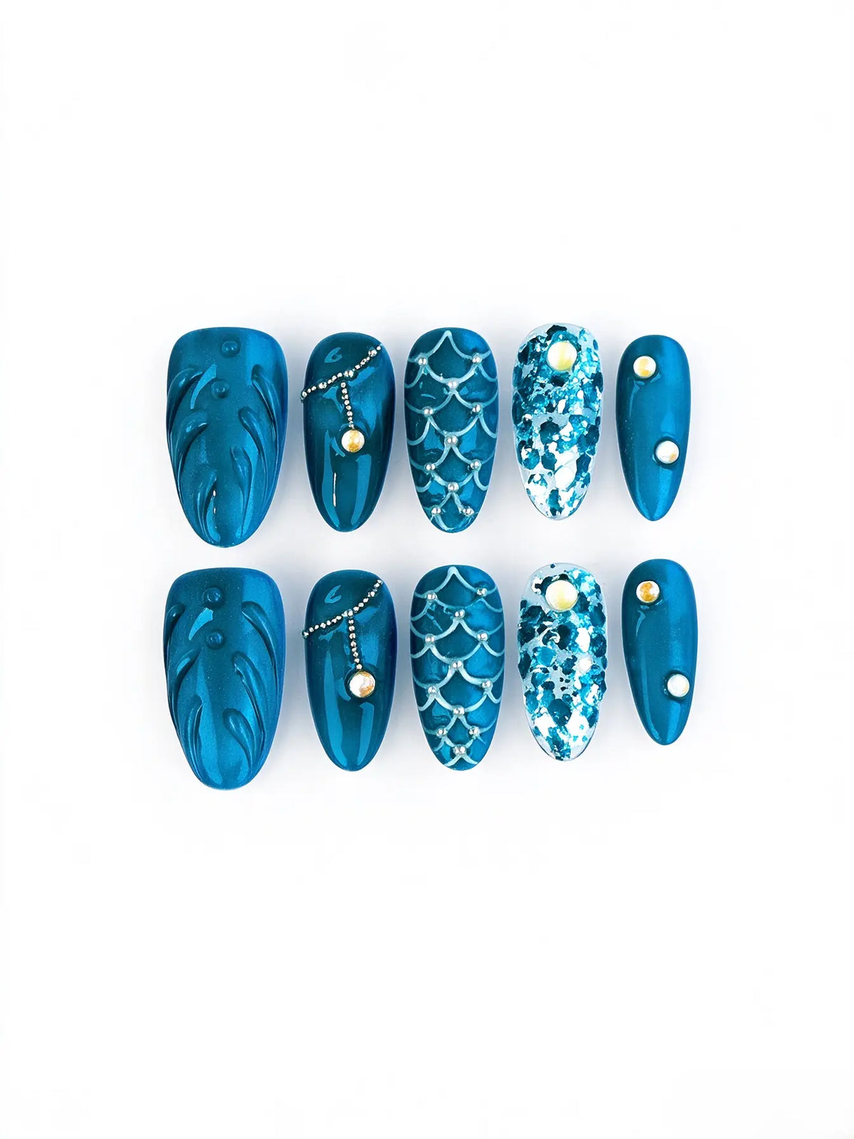 Deep Teal Mermaid Scale Oval Nails