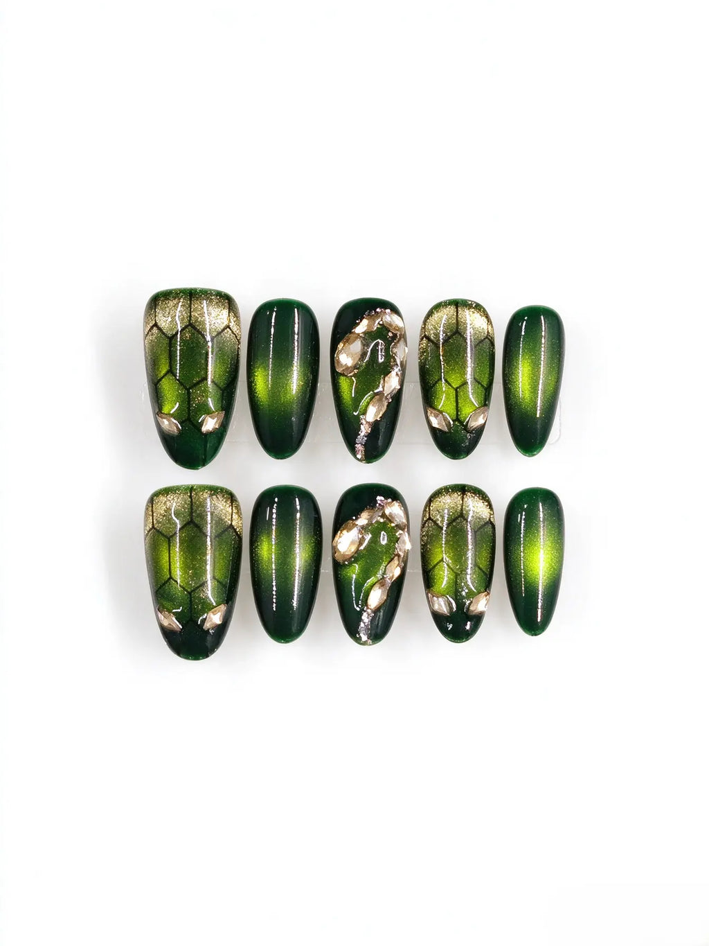 Green Snake Skin Cat Eye Almond Nails