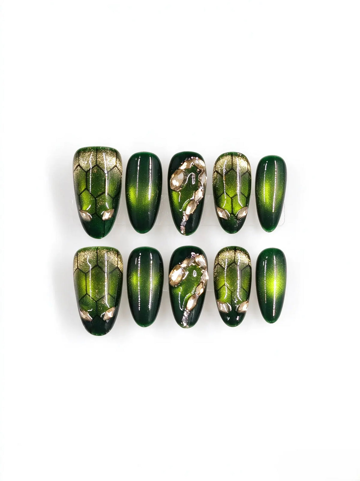 Green Snake Skin Cat Eye Almond Nails