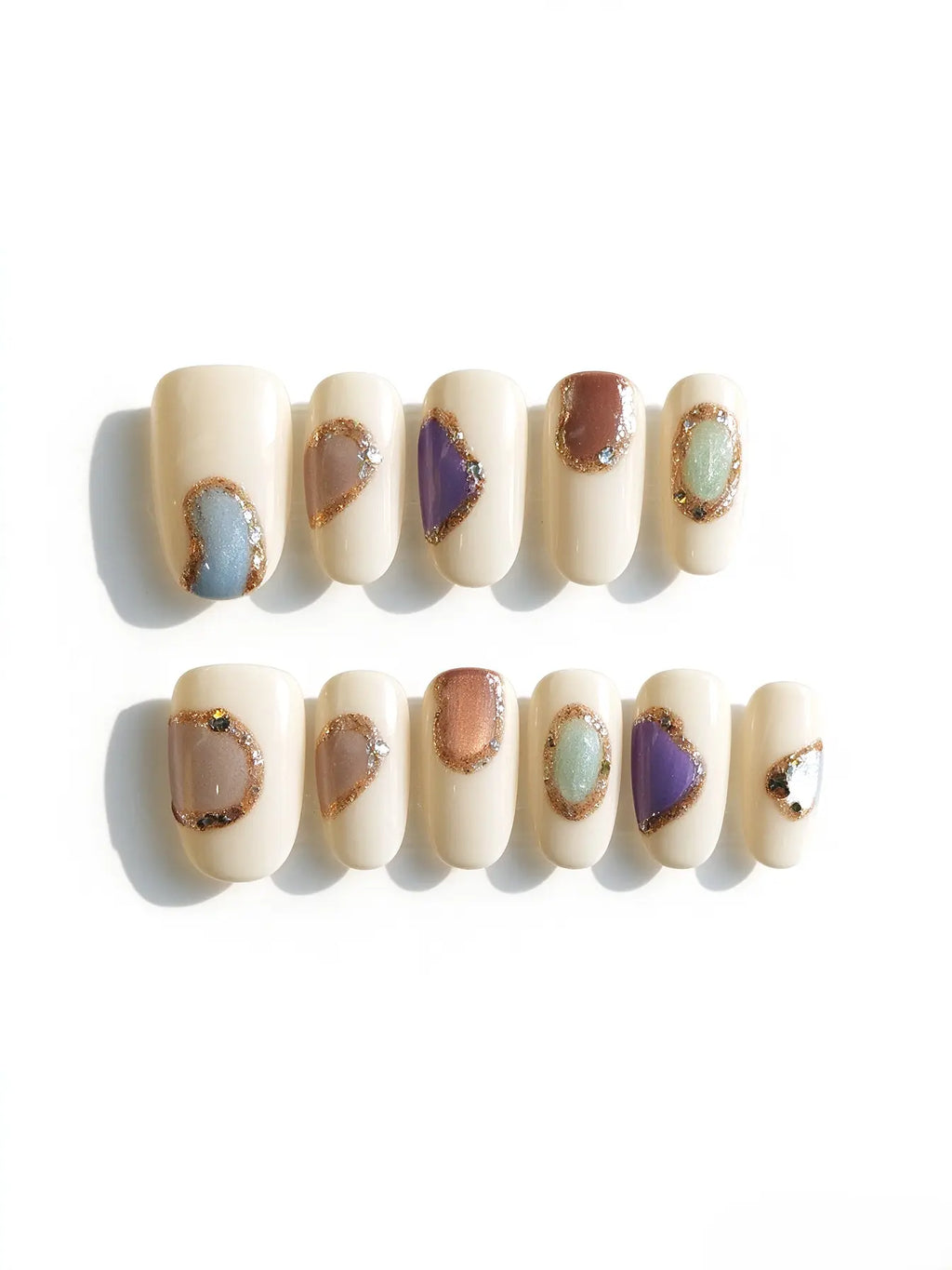 Cream Abstract Gem Inlay Short Square Nails