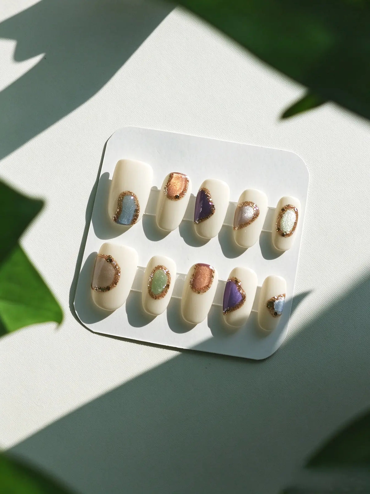 Cream Abstract Gem Inlay Short Square Nails