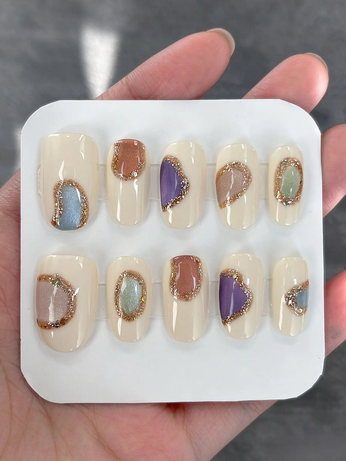 Cream Abstract Gem Inlay Short Square Nails