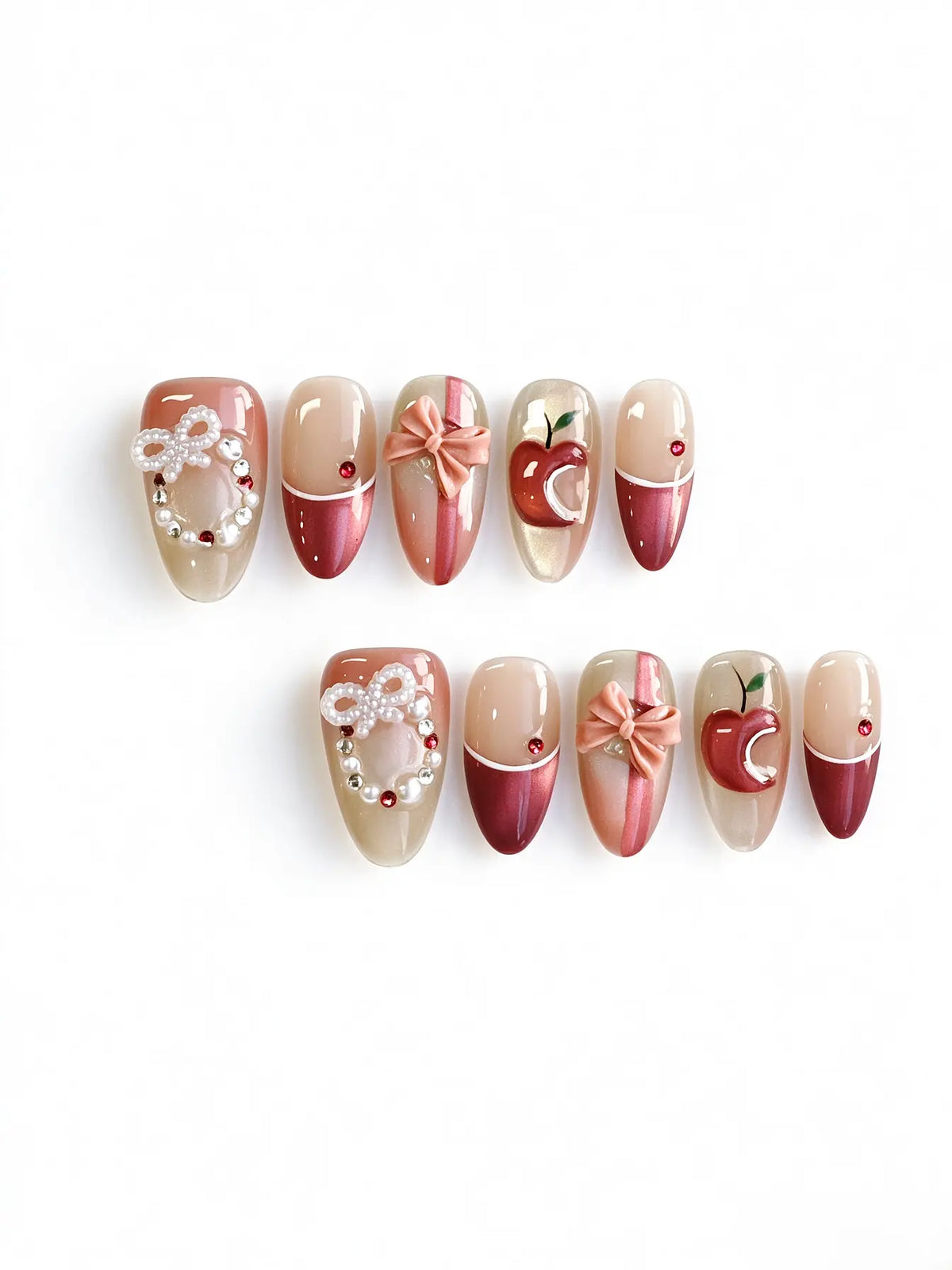 Press On Nails | Apple Bow Rhinestone Short Oval Nails