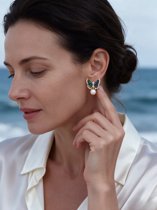 Butterfly Abalone Shell Drop Earrings, Natural Freshwater Pearl Gold‑Tone Crystal Statement Earrings for Women