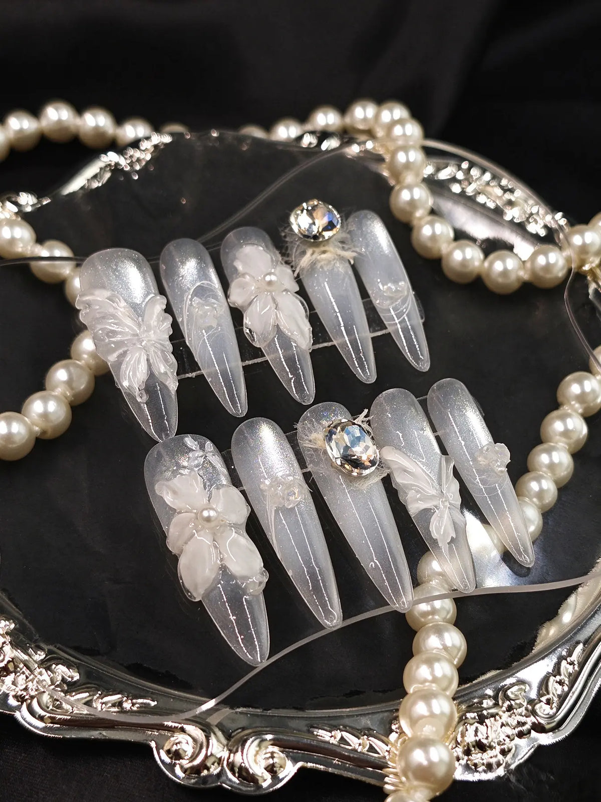 Luxury Handmade Bridal Press On Nails, 3D Butterfly & Crystal Long Coffin Nails