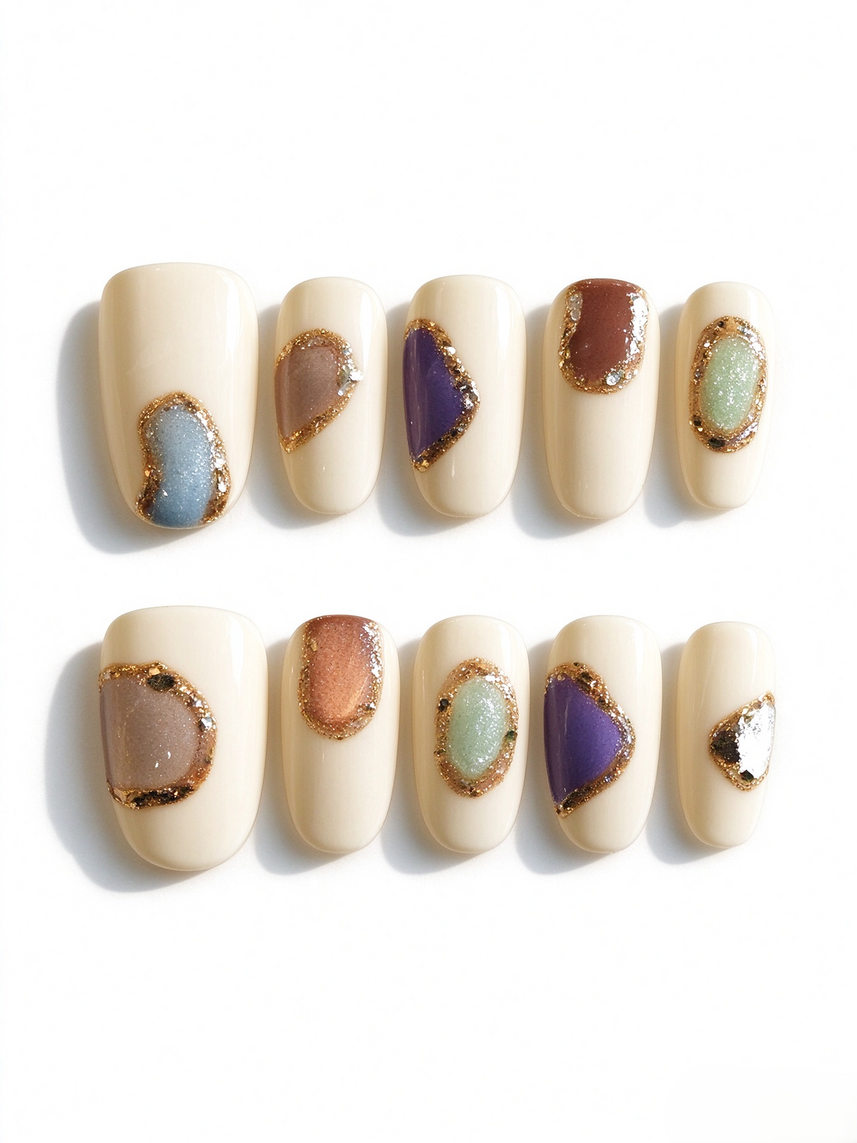 Cream Abstract Gem Inlay Short Square Nails
