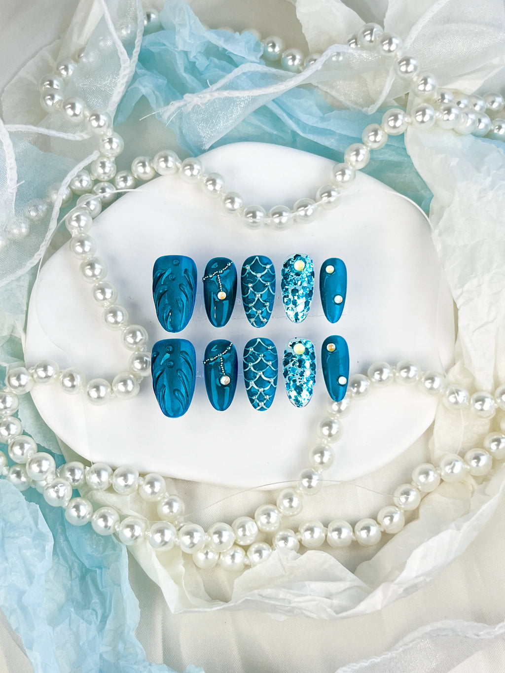 Deep Teal Mermaid Scale Oval Nails